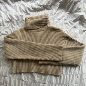 Beige Ribbed Cropped Turtleneck Sweater